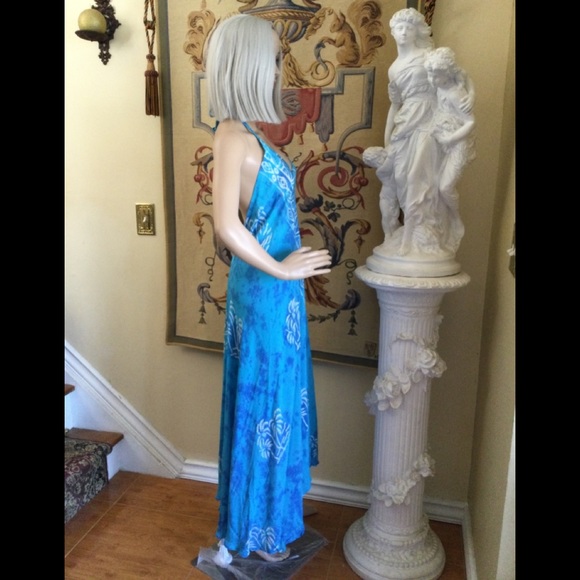 Bohemian Tie Dye Maxi Dress, Halter Backless, Asymmetrical Swim Cover Up Turq OS - Picture 5 of 16